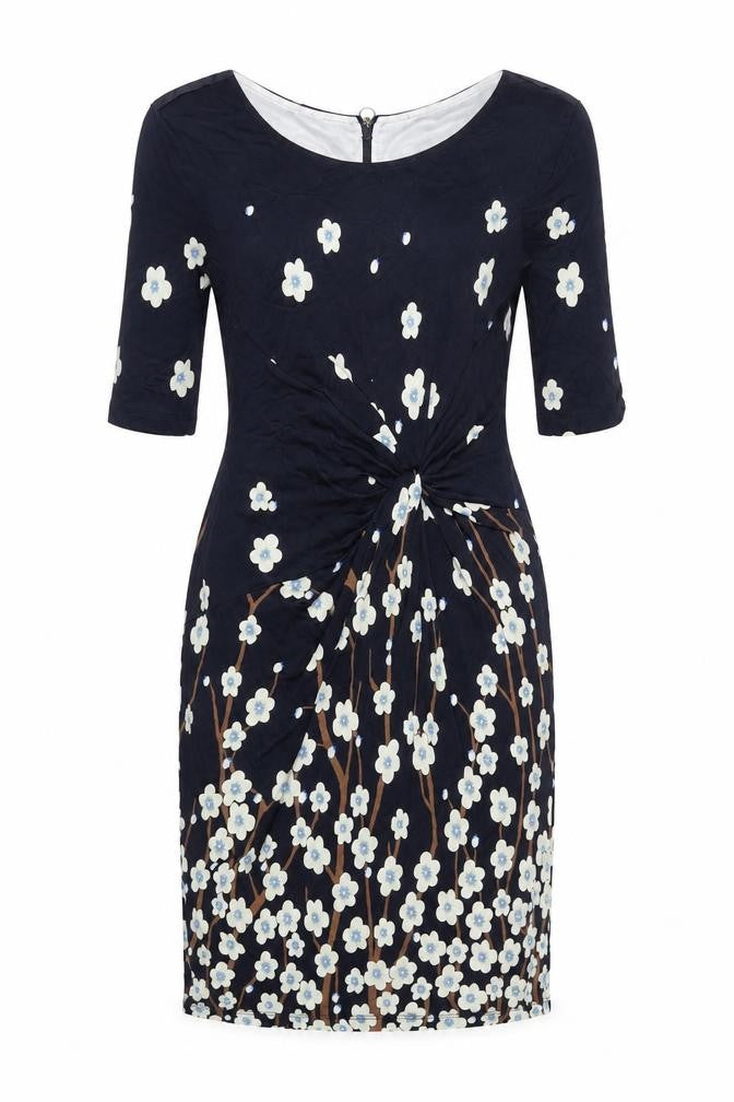 Laurél Womens Blue Floral Viscose A-Line Size 12 Boat Neck Zip
