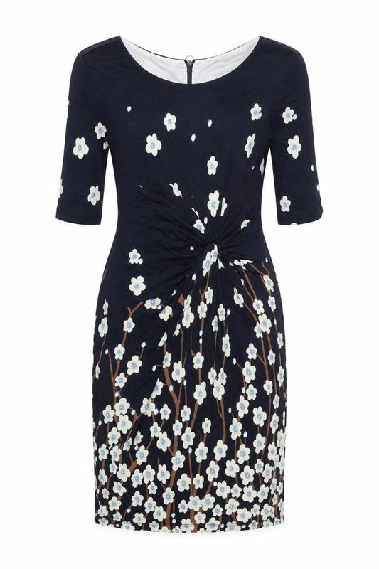 Front view of Laurél women’s blue floral viscose a-line, size UK 12, boat neck zip