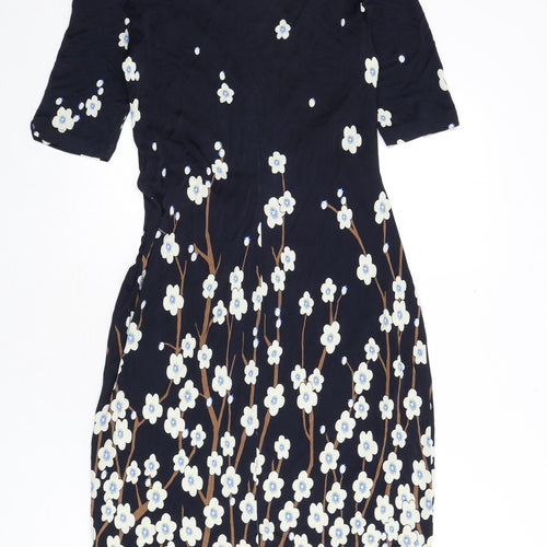Laurél Womens Blue Floral Viscose A-Line Size 12 Boat Neck Zip