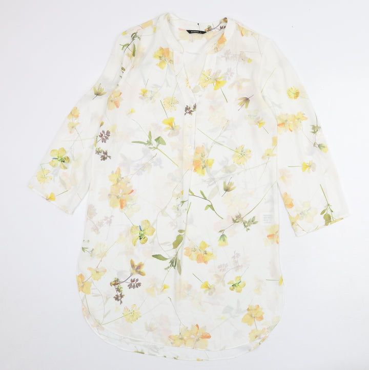 Roman Womens White Floral Polyester Shirt Dress Size 10 V-Neck Button