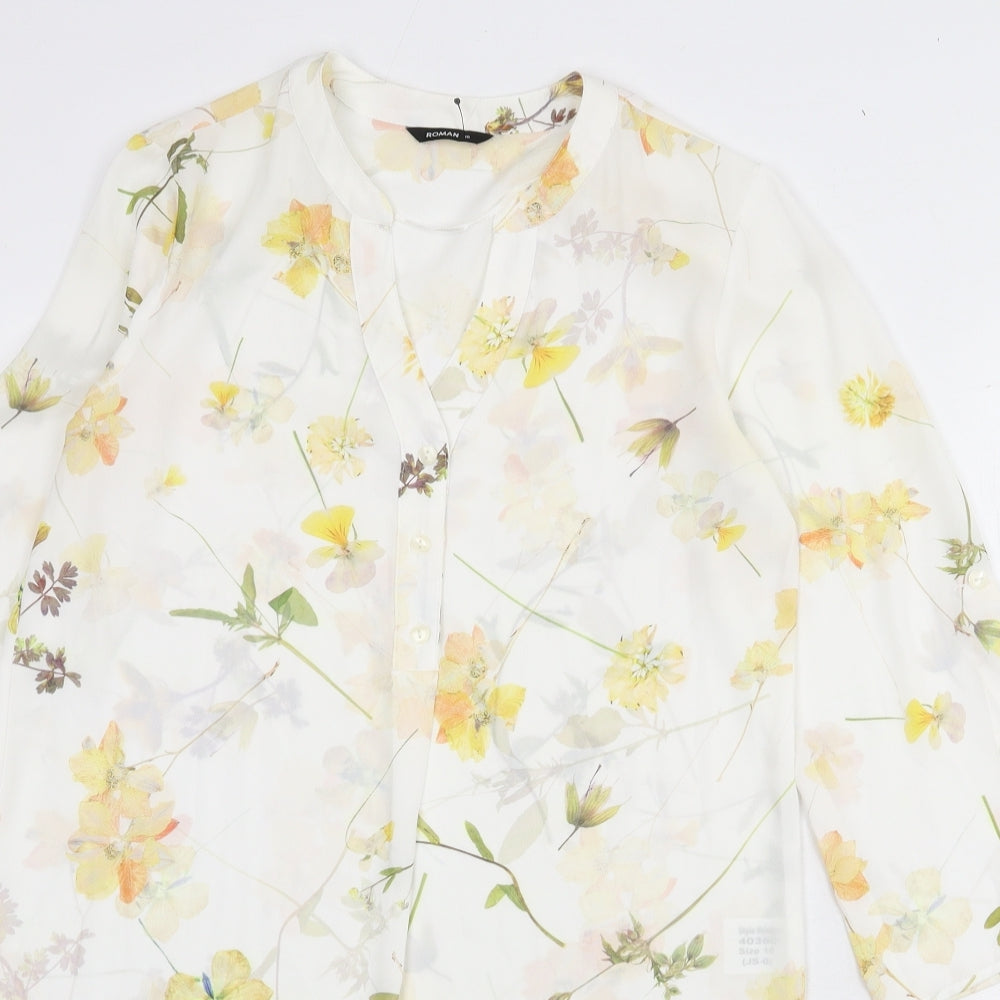 Roman Womens White Floral Polyester Shirt Dress Size 10 V-Neck Button