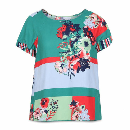 Front view of Bonprix women’s multicoloured geometric polyester basic blouse, round neck - floral, stripe, colour block