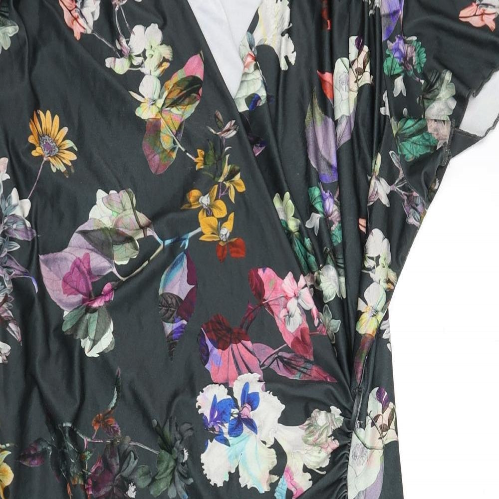 Yumi Womens Grey Floral Polyester A-Line Size 14 V-Neck Pullover