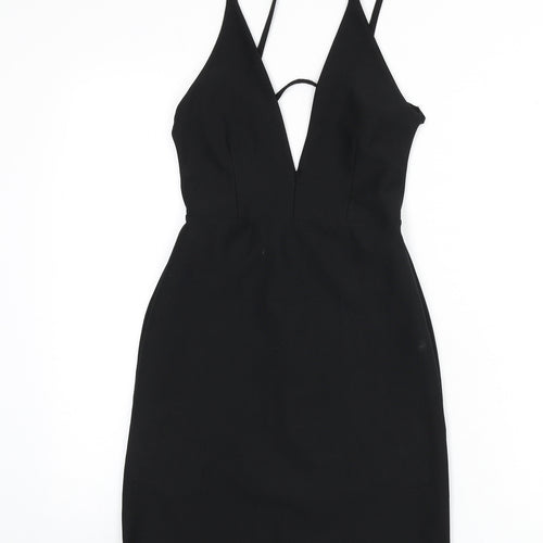Missguided Womens Black Polyester Mini Size 8 V-Neck Zip - Backless, Strap Detail, Plunging Neckline