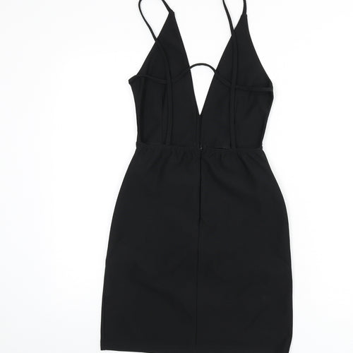 Missguided Womens Black Polyester Mini Size 8 V-Neck Zip - Backless, Strap Detail, Plunging Neckline