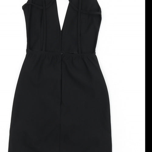Missguided Womens Black Polyester Mini Size 8 V-Neck Zip - Backless, Strap Detail, Plunging Neckline