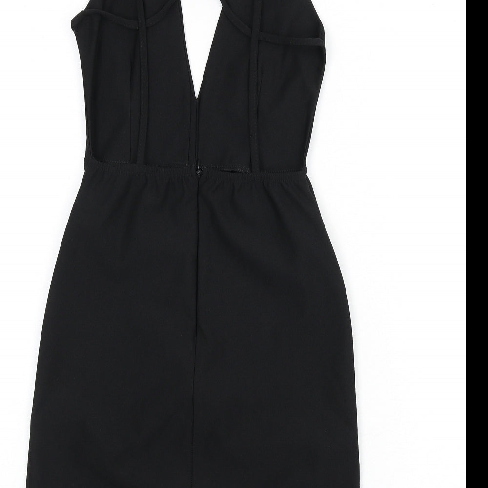 Missguided Womens Black Polyester Mini Size 8 V-Neck Zip - Backless, Strap Detail, Plunging Neckline