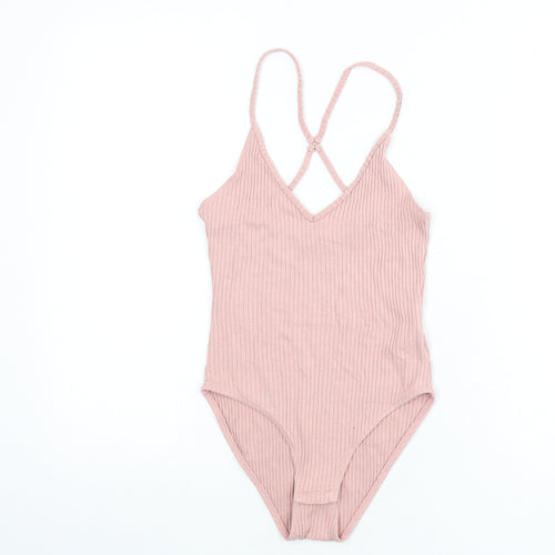 Topshop Womens Pink Viscose Bodysuit One-Piece Size 10 Snap - Ribbed