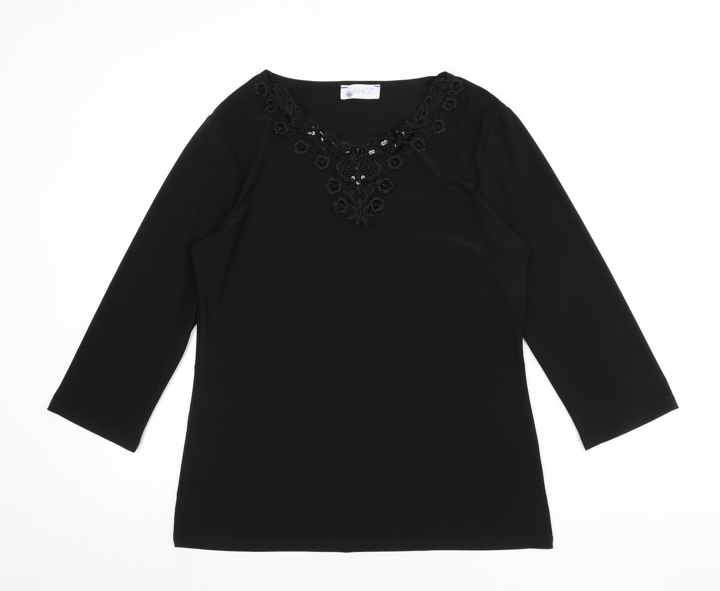 Anamor Womens Black Polyester Basic T-Shirt Size S Round Neck - Lace Detail, Sequins, Size S/M