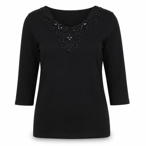 Anamor Womens Black Polyester Basic T-Shirt Size S Round Neck - Lace Detail, Sequins, Size S/M