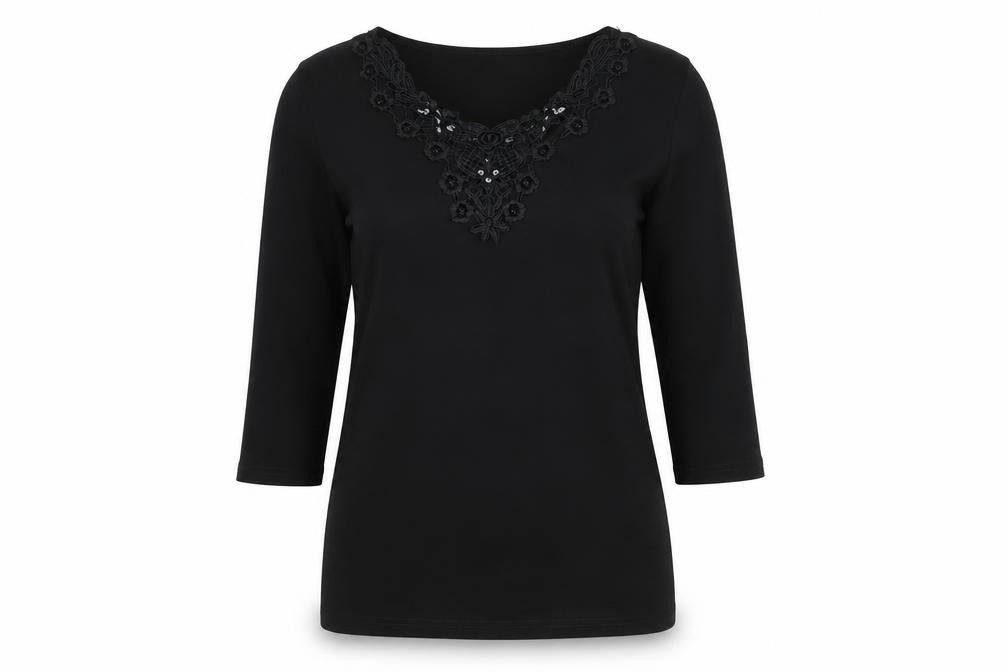 Anamor Womens Black Polyester Basic T-Shirt Size S Round Neck - Lace Detail, Sequins, Size S/M