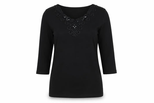Front view of Anamor women’s black polyester basic t-shirt, size S, round neck - lace detail, sequins, size S/m