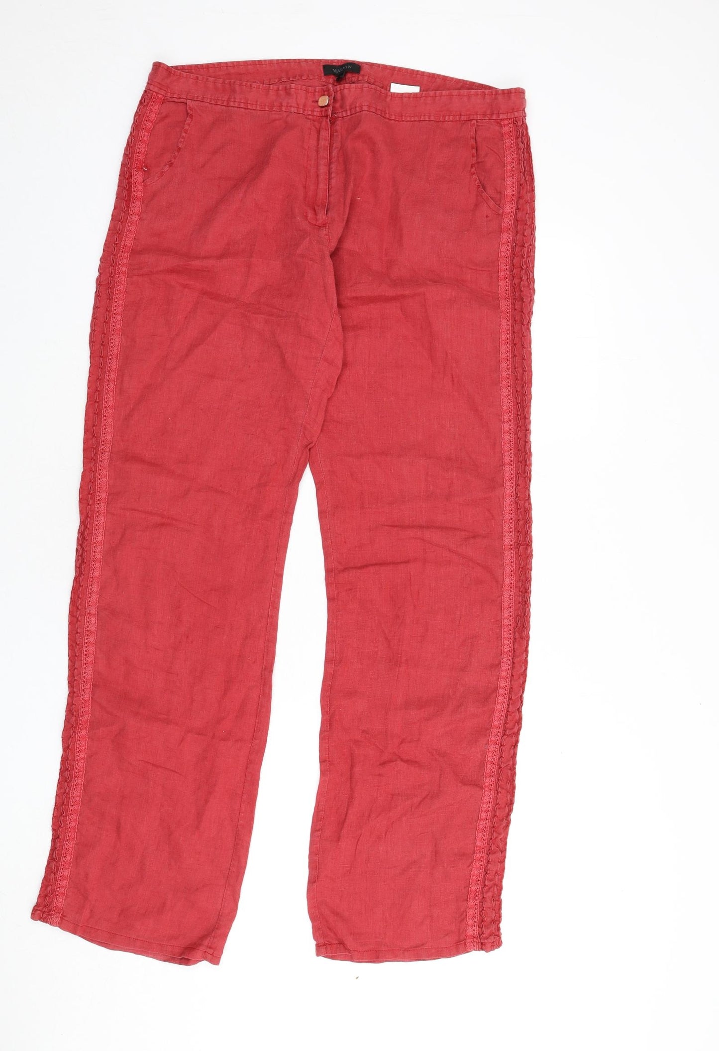 MALVIN Womens Red Linen Trousers Size 16 L32 in Regular Zip - Lace Trim