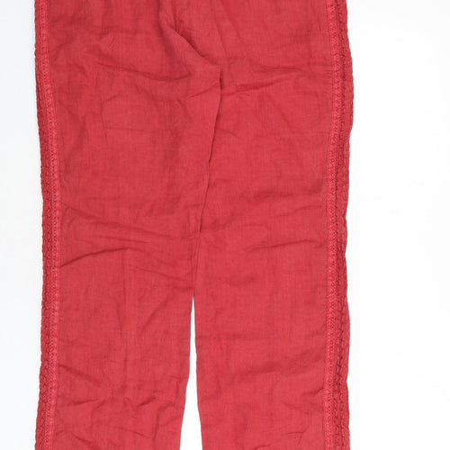 MALVIN Womens Red Linen Trousers Size 16 L32 in Regular Zip - Lace Trim