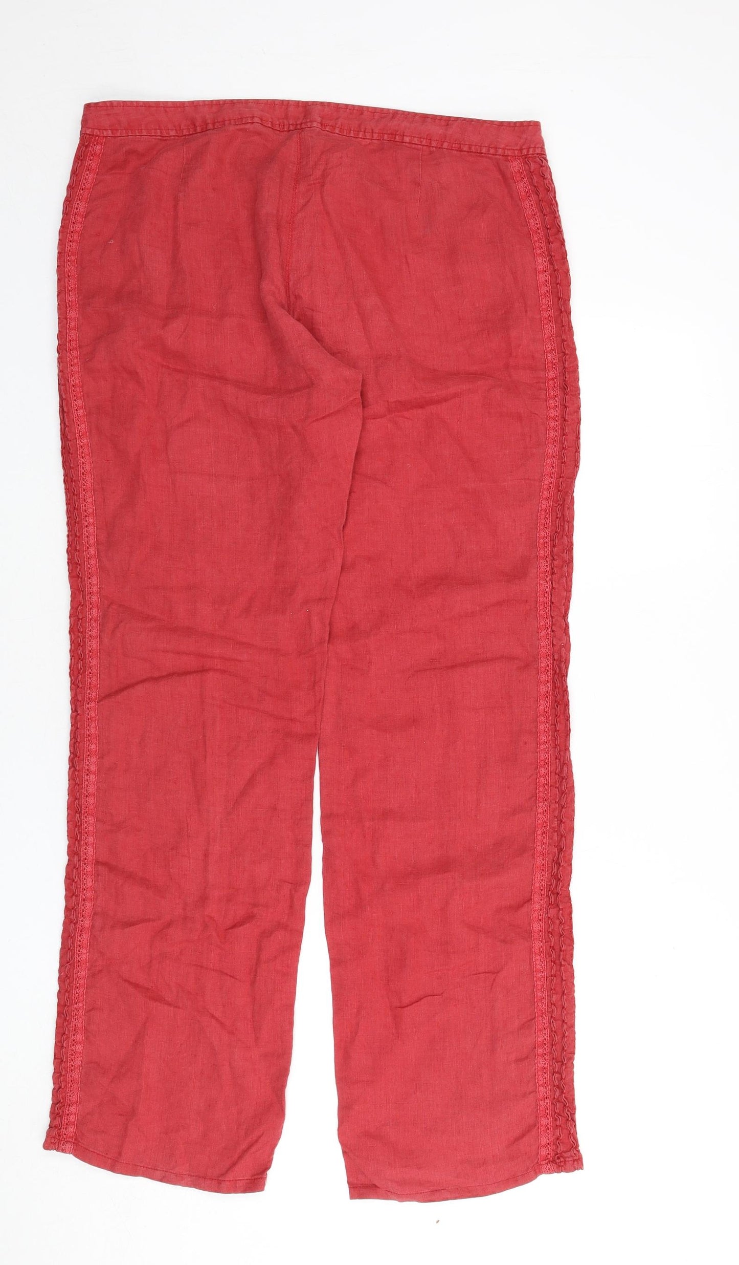 MALVIN Womens Red Linen Trousers Size 16 L32 in Regular Zip - Lace Trim