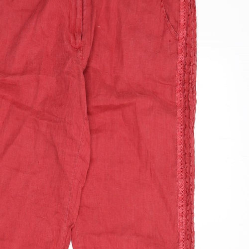 MALVIN Womens Red Linen Trousers Size 16 L32 in Regular Zip - Lace Trim