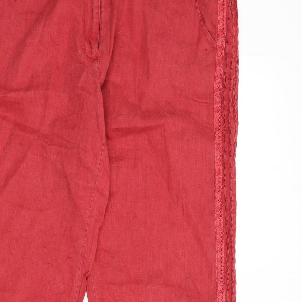 MALVIN Womens Red Linen Trousers Size 16 L32 in Regular Zip - Lace Trim