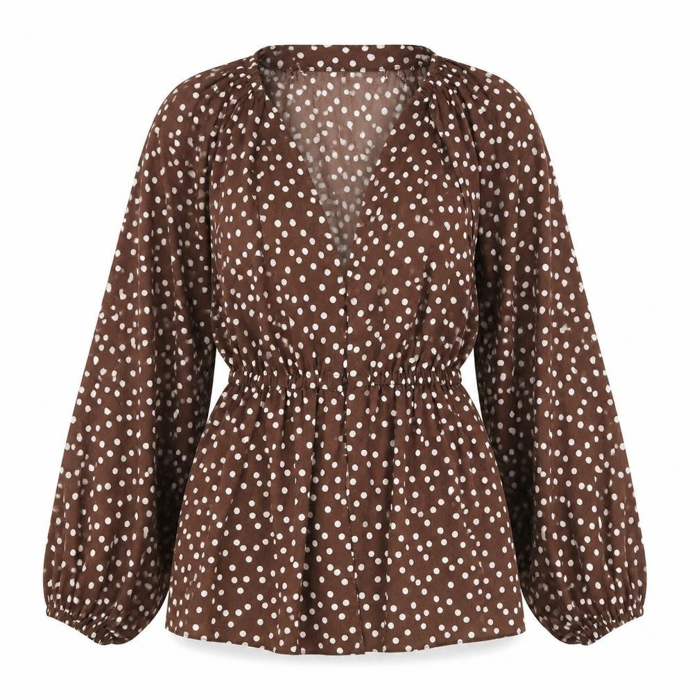 Front view of ASOS women’s brown polka dot polyester basic blouse, size UK 4, v-neck - balloon sleeves