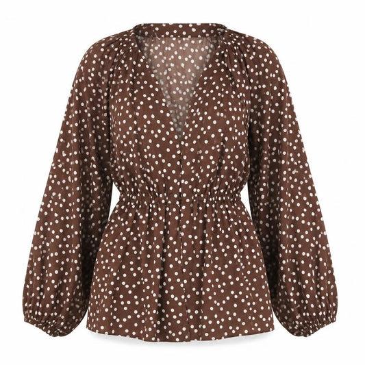 Front view of ASOS women’s brown polka dot polyester basic blouse, size UK 4, v-neck - balloon sleeves