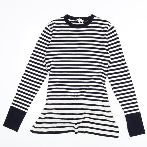 Warehouse Womens Blue Round Neck Striped Viscose Pullover Jumper Size 12 - Tie Detail