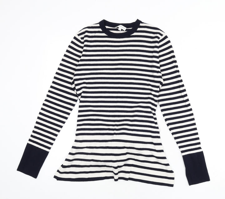 Warehouse Womens Blue Round Neck Striped Viscose Pullover Jumper Size 12 - Tie Detail