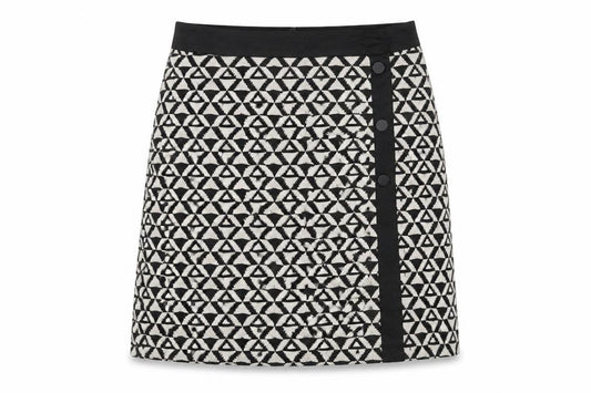 Front view of Wallis women’s black geometric polyester a-line skirt, size UK 10, zip - triangles