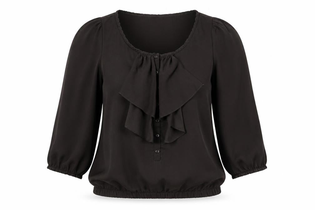 Front view of Zara women’s brown polyester basic blouse, size S, boat neck - ruffle detail