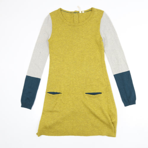 White Stuff Womens Yellow Acrylic Jumper Dress Size 10 Round Neck Button - Tight Knit