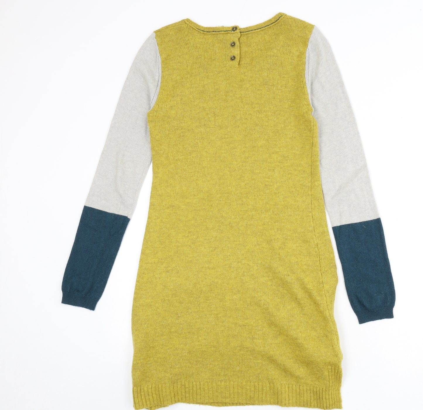 White Stuff Womens Yellow Acrylic Jumper Dress Size 10 Round Neck Button - Tight Knit