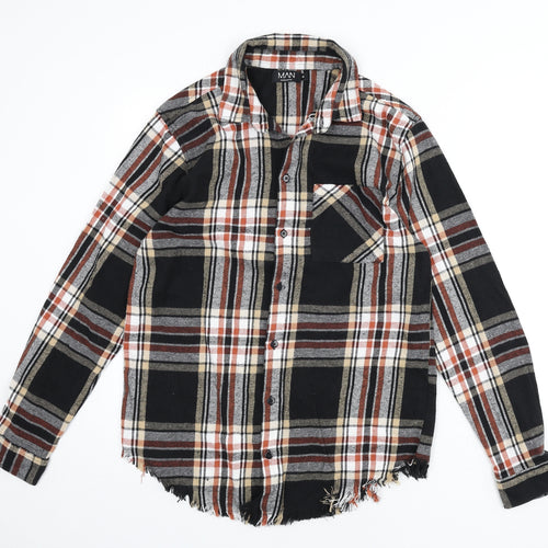 Boohoo Mens Multicoloured Plaid Cotton Button-Up Size M Collared Button - Frayed Hem