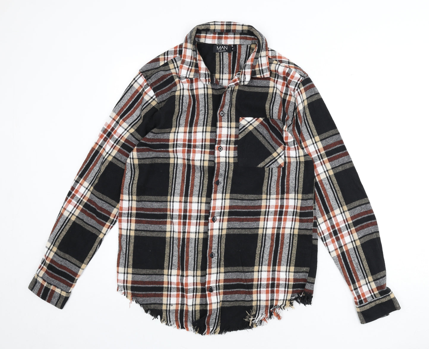 Boohoo Mens Multicoloured Plaid Cotton Button-Up Size M Collared Button - Frayed Hem