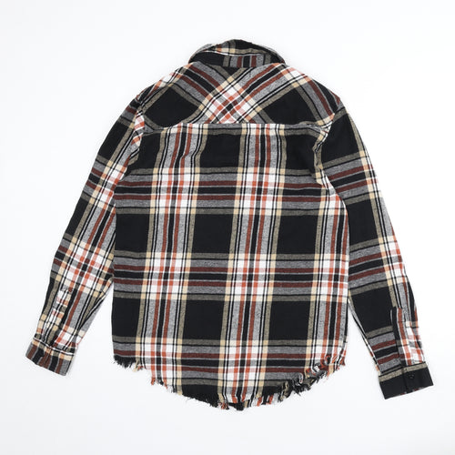 Boohoo Mens Multicoloured Plaid Cotton Button-Up Size M Collared Button - Frayed Hem