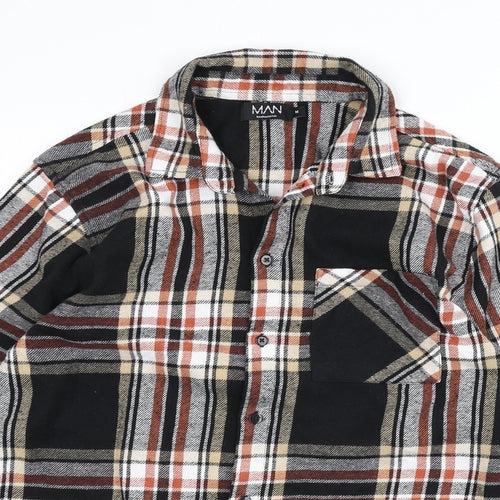 Boohoo Mens Multicoloured Plaid Cotton Button-Up Size M Collared Button - Frayed Hem