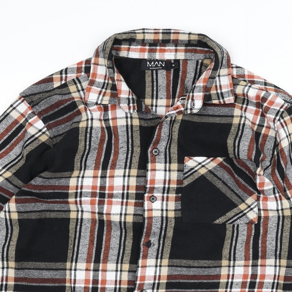 Boohoo Mens Multicoloured Plaid Cotton Button-Up Size M Collared Button - Frayed Hem