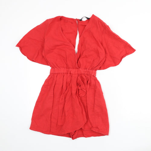 Zara Womens Red Linen Romper One-Piece Size S Button - Cut Out Back Detail, Elastic Waist