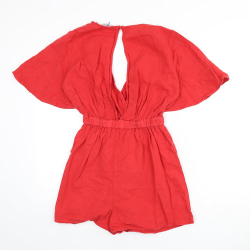 Zara Womens Red Linen Romper One-Piece Size S Button - Cut Out Back Detail, Elastic Waist