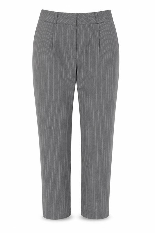 Front view of New Look women’s grey striped polyester dress pants trousers, size UK 12, 26-inch leg regular zip