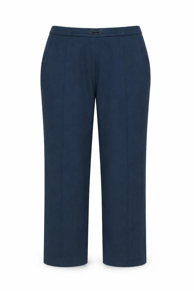 Front view of EWM women’s blue polyester trousers, size UK 22, 24-inch leg regular - pleat front