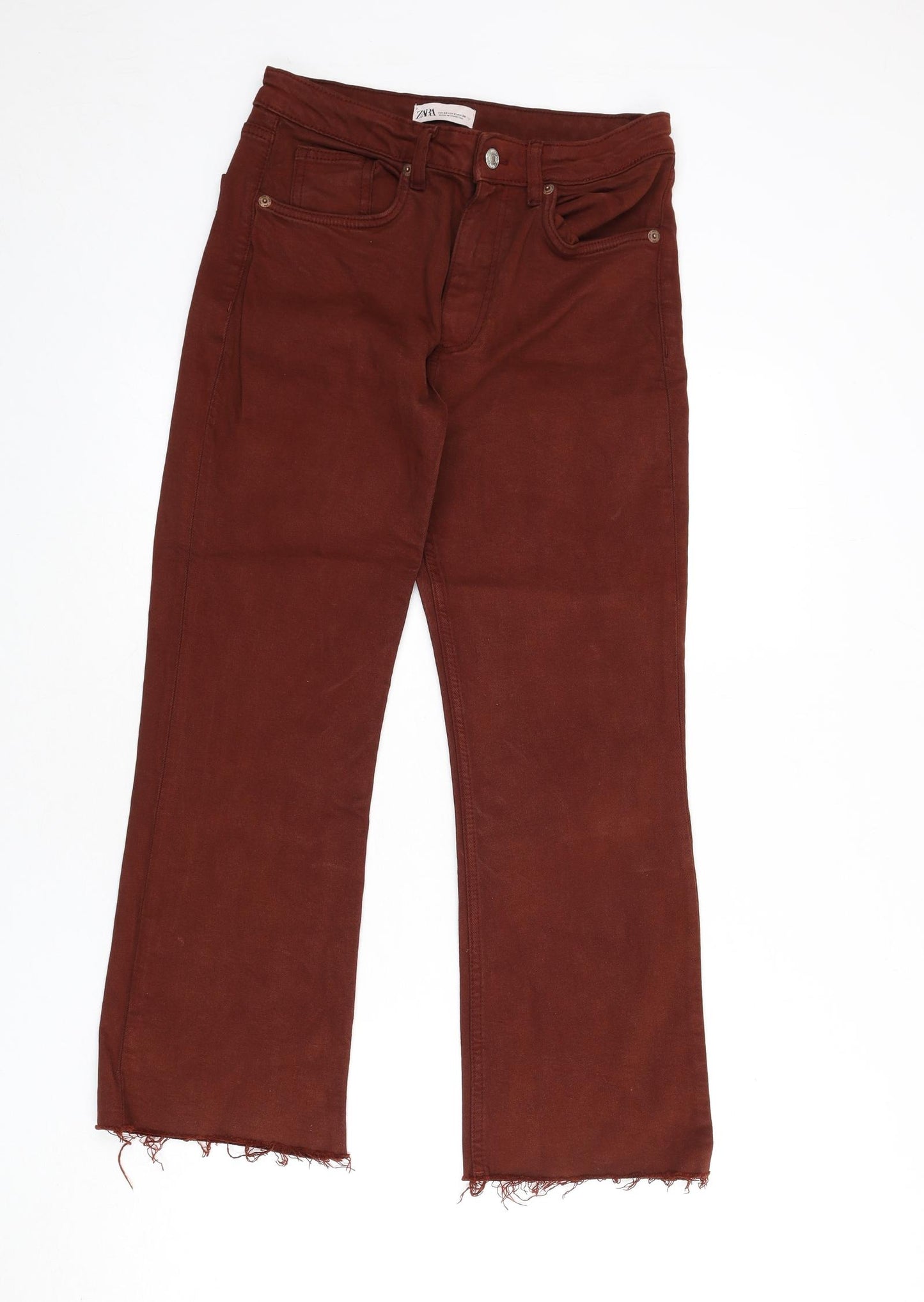 Zara Womens Brown Cotton Bootcut Jeans Size 10 L25 in Regular Zip - Frayed Hems