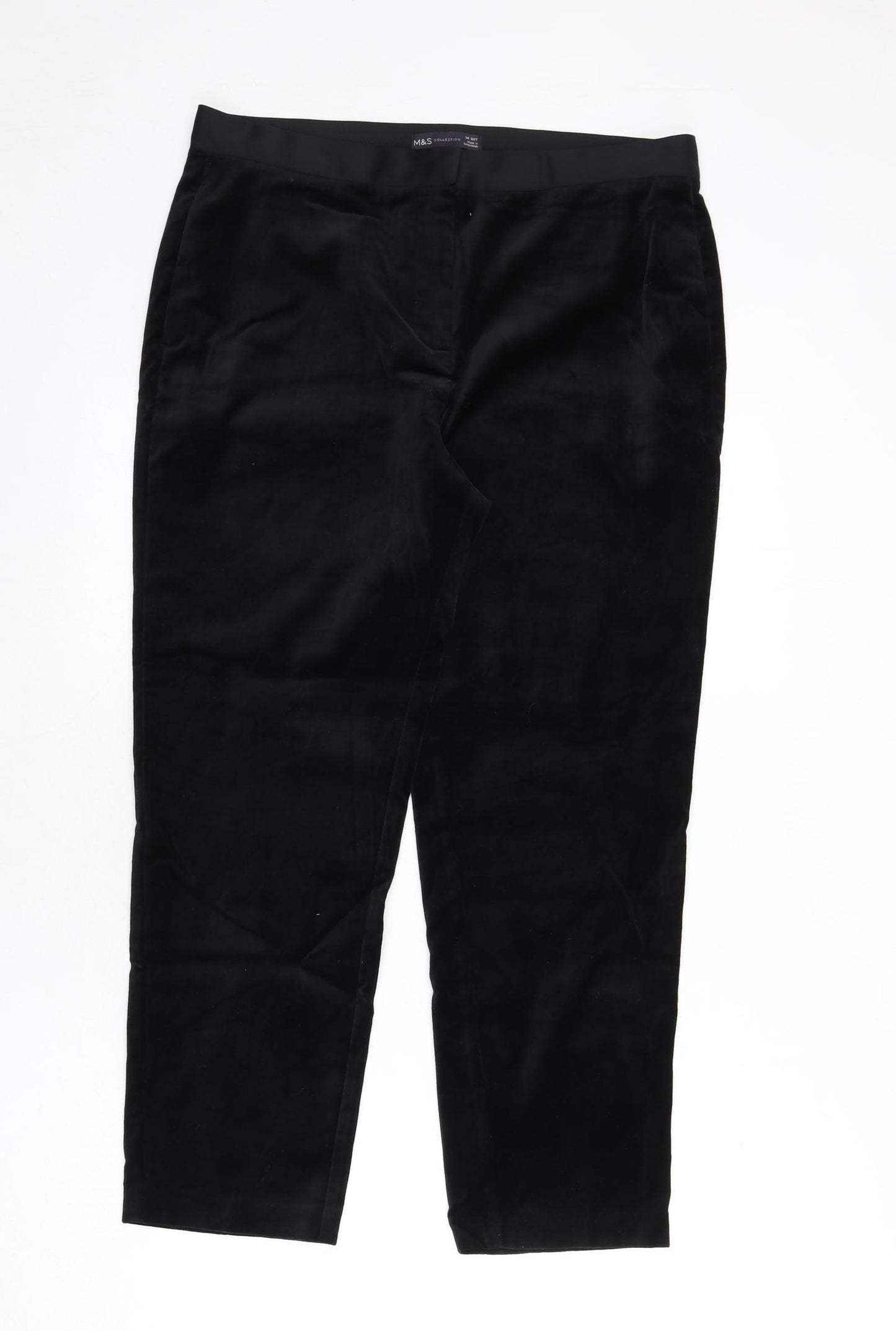 Marks and Spencer Womens Black Cotton Trousers Size 14 L35 in Regular Zip - Short Length