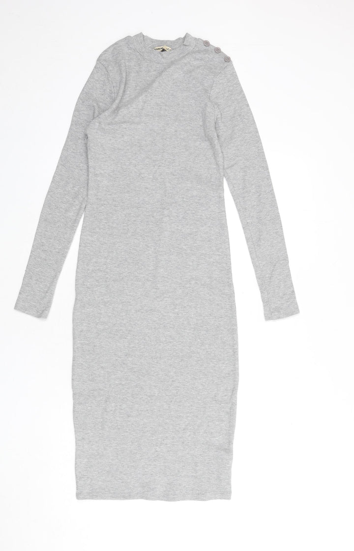 Pull&Bear Womens Grey Cotton Bodycon Size L Round Neck Pullover - Ribbed