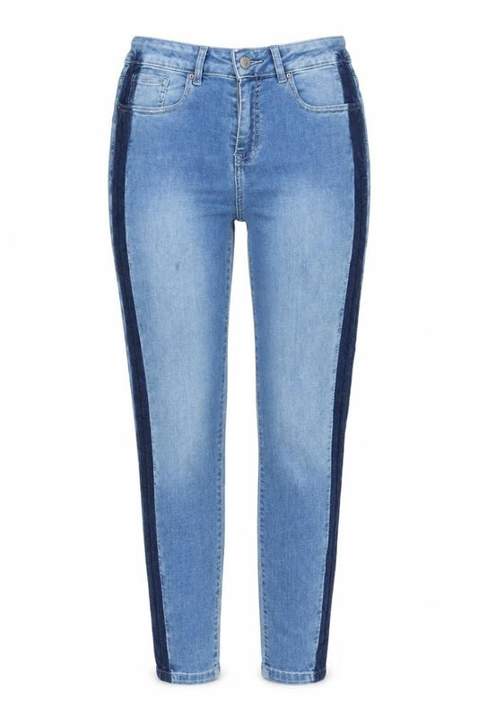 Front view of Maison Clinqcent women’s blue cotton skinny jeans, size UK 12, 27-inch leg regular zip