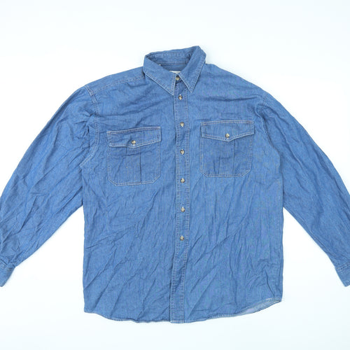 Sanco Mens Blue Cotton Button-Up Size M Collared Button