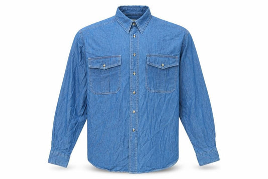 Front view of Sanco men’s blue cotton button-up, size M, collared button