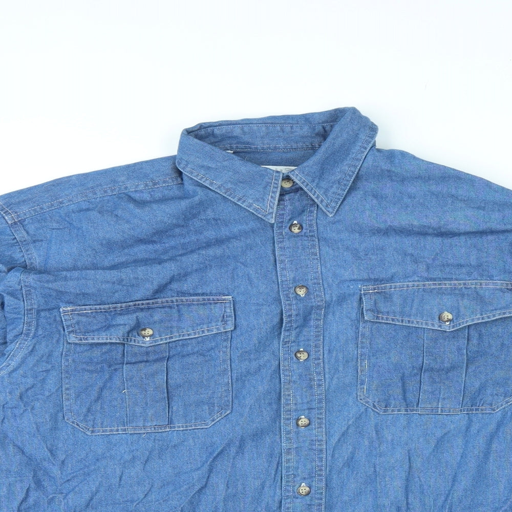 Sanco Mens Blue Cotton Button-Up Size M Collared Button