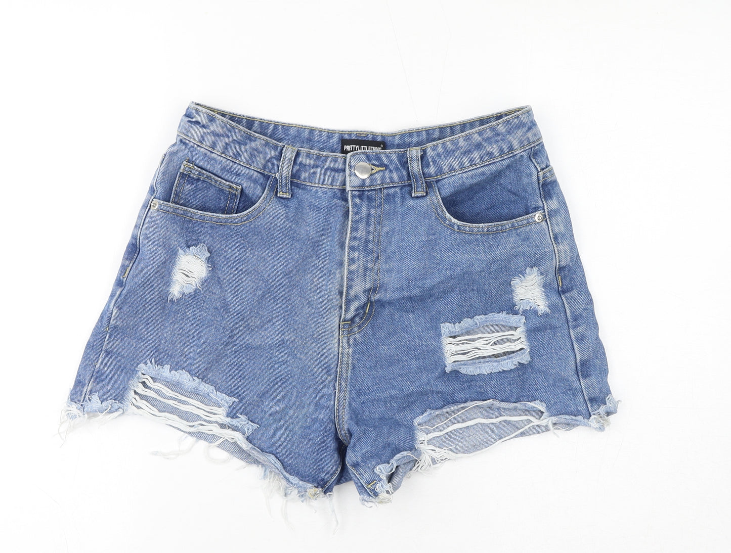 PRETTYLITTLETHING Womens Blue Cotton Basic Shorts Size 10 L3 in Regular Zip - Distressed