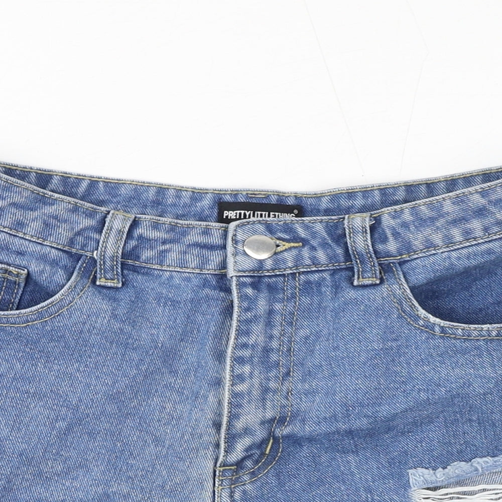 PRETTYLITTLETHING Womens Blue Cotton Basic Shorts Size 10 L3 in Regular Zip - Distressed