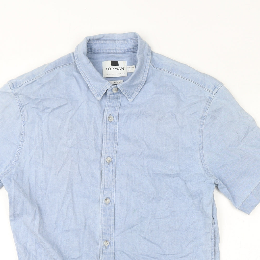 Topman Mens Blue Cotton Button-Up Size M Collared Button
