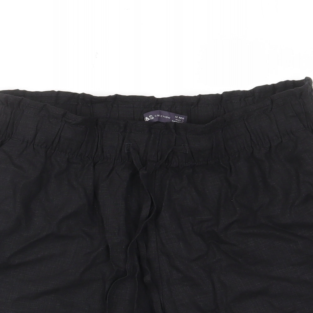 Marks and Spencer Womens Black Linen Basic Shorts Size 12 L6 in Regular Drawstring - Pockets, Elastic waist