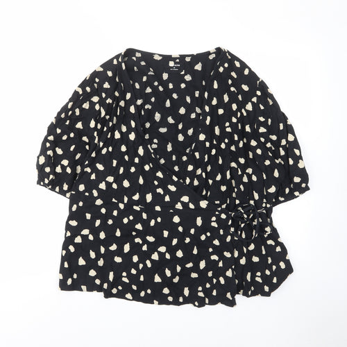 Marks and Spencer Womens Black Geometric Linen Wrap Blouse Size 20 V-Neck - Tie